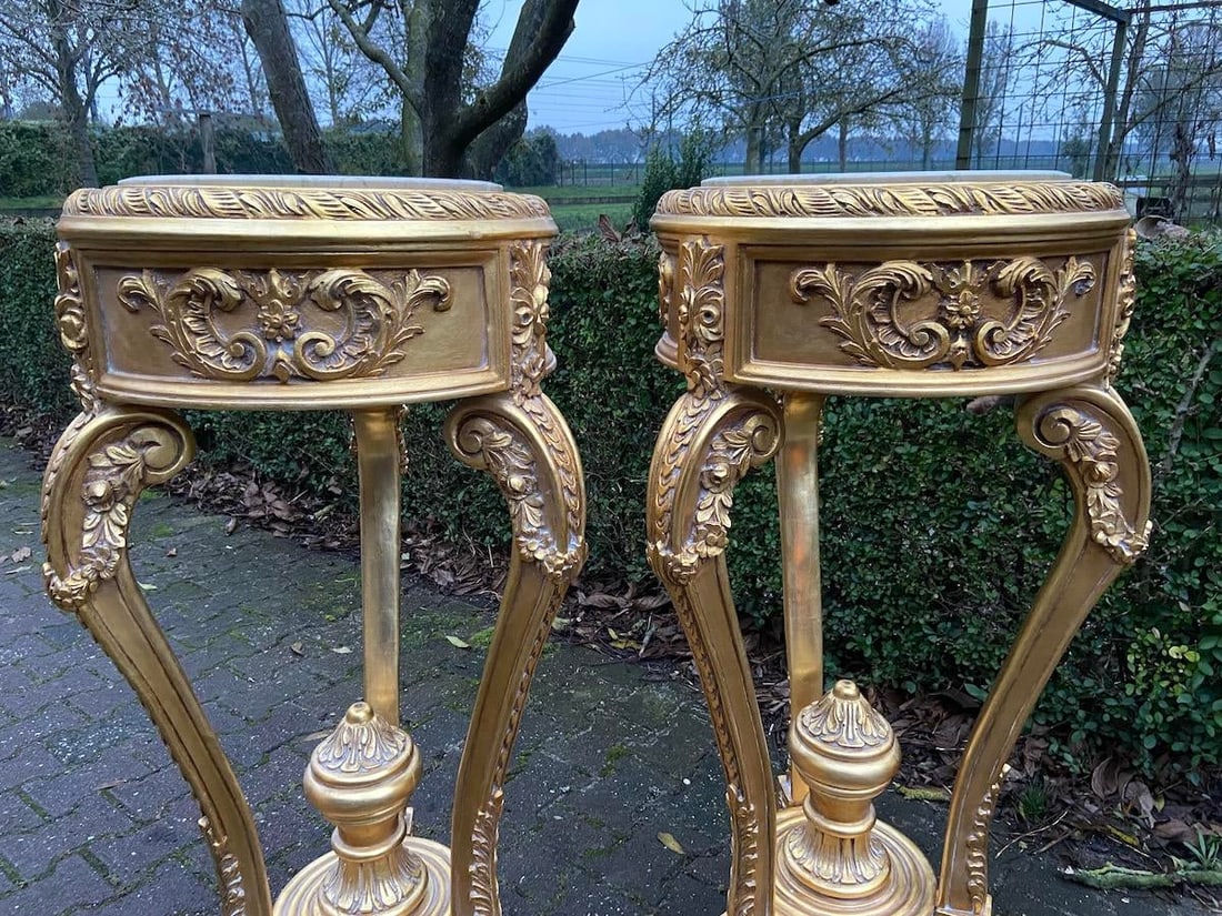 Late 20c French Louis XVI Gold Beech Marble Side Tables Pair - 2