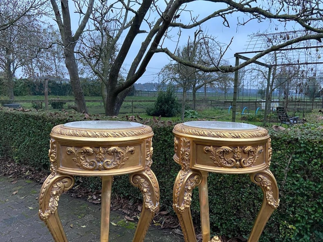 Late 20c French Louis XVI Gold Beech Marble Side Tables Pair - 3