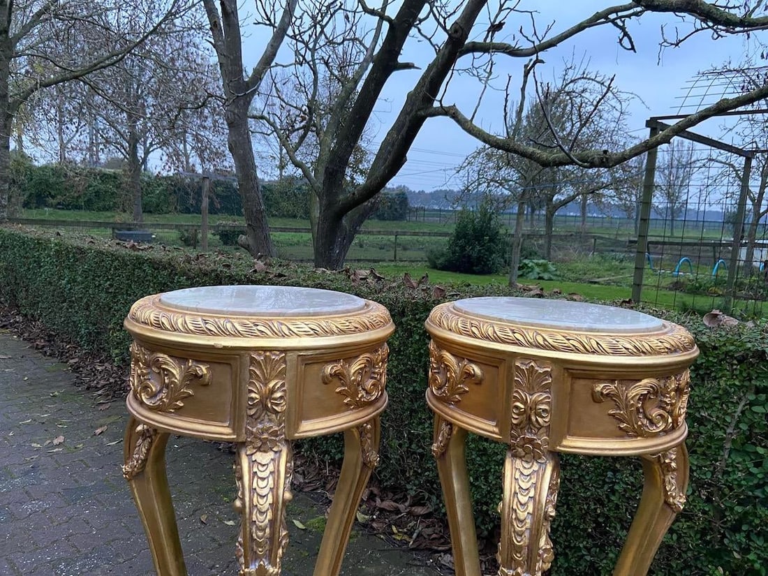 Late 20c French Louis XVI Gold Beech Marble Side Tables Pair - 4