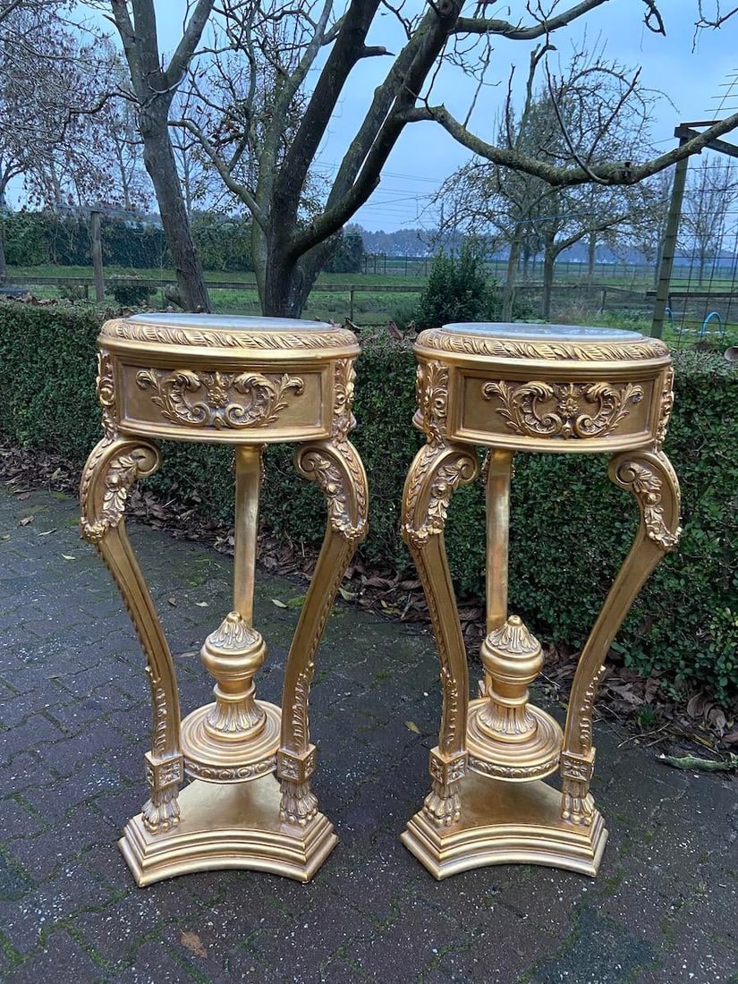 Late 20c French Louis XVI Gold Beech Marble Side Tables Pair - 5