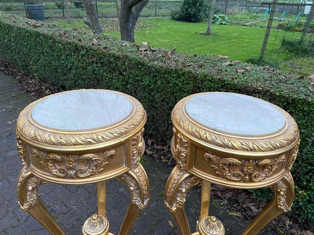 Late 20c French Louis XVI Gold Beech Marble Side Tables Pair - 6