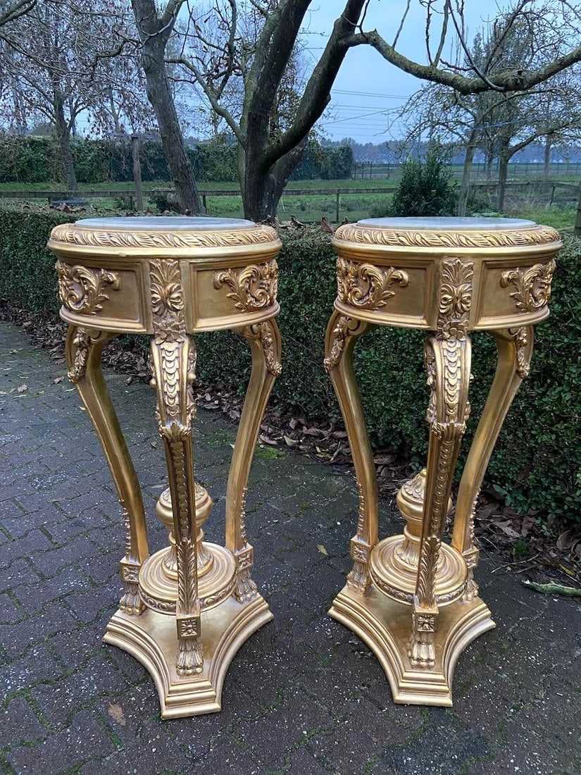 Late 20c French Louis XVI Gold Beech Marble Side Tables Pair - 8