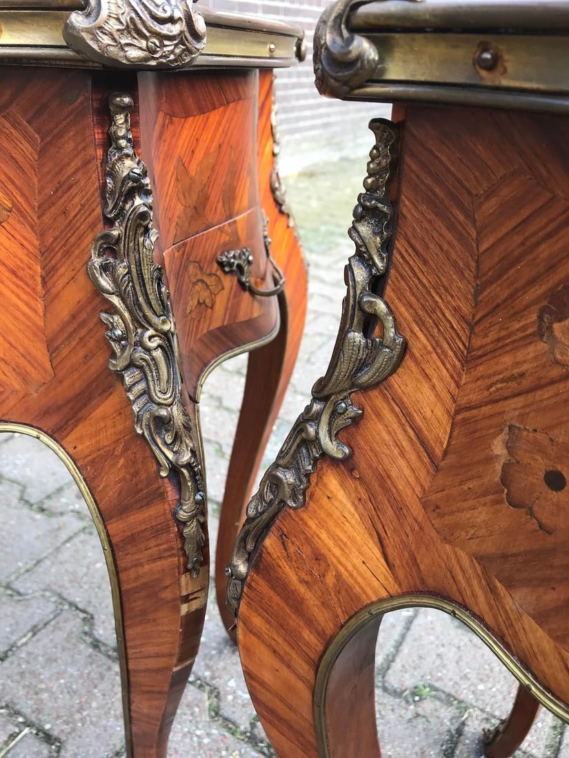 1850s French Louis XV Fruitwood Marquetry Side Tables Pair - 11