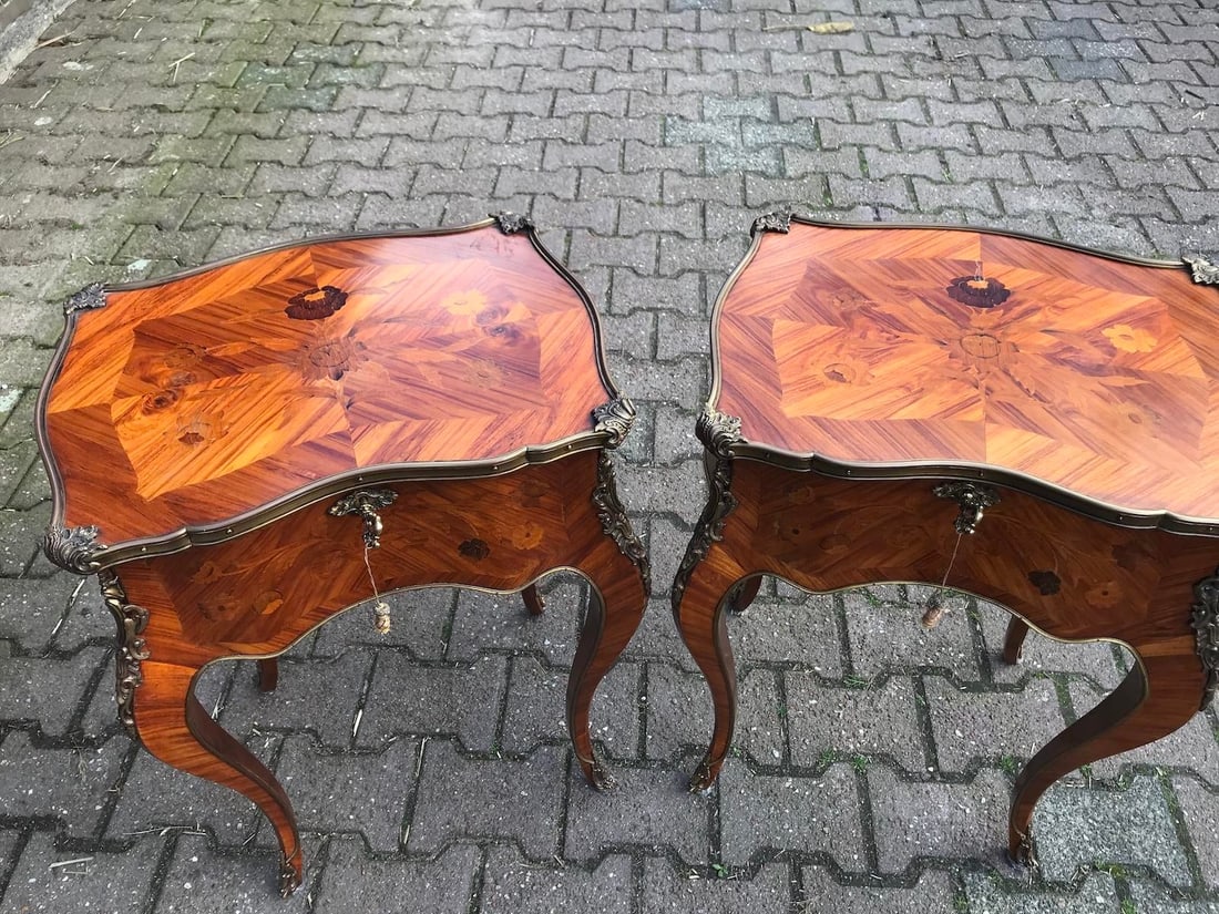 1850s French Louis XV Fruitwood Marquetry Side Tables Pair - 14