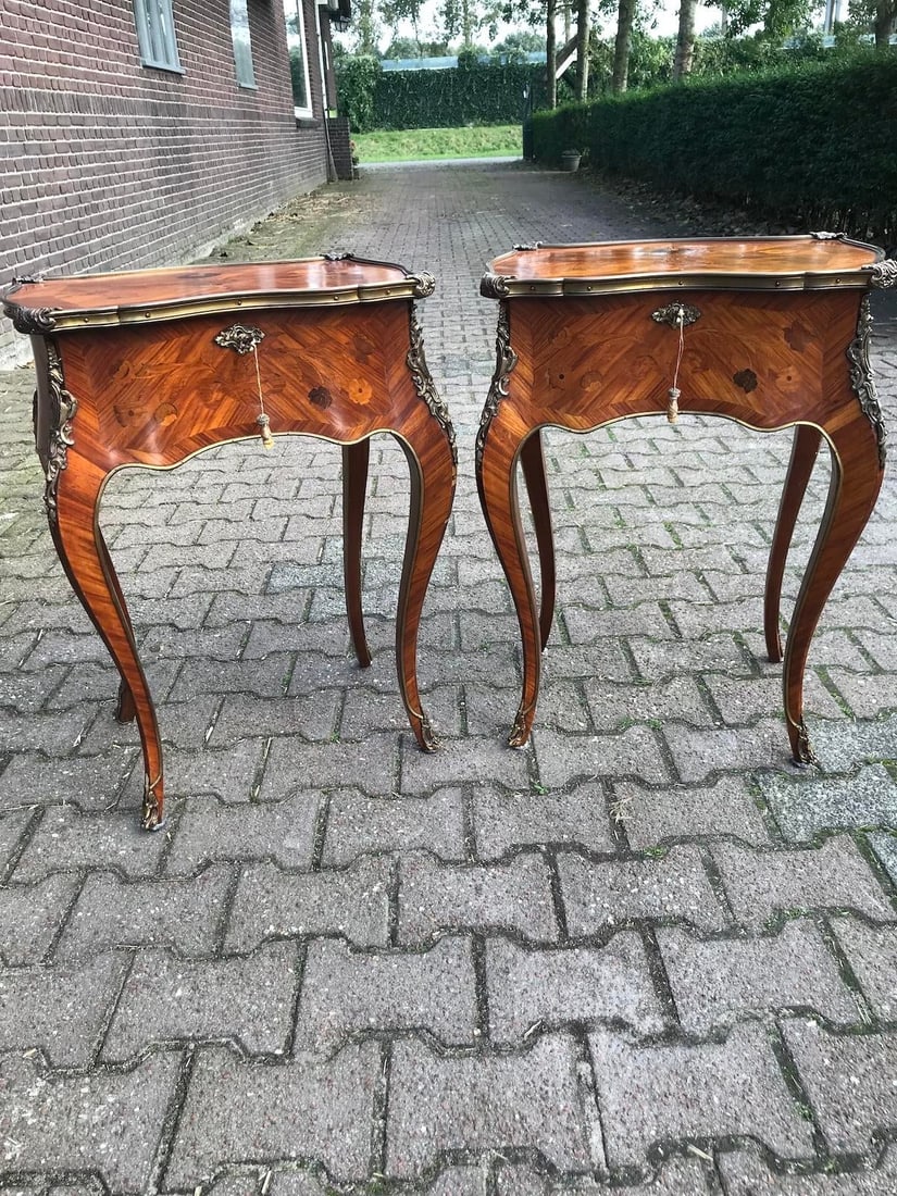 1850s French Louis XV Fruitwood Marquetry Side Tables Pair - 18