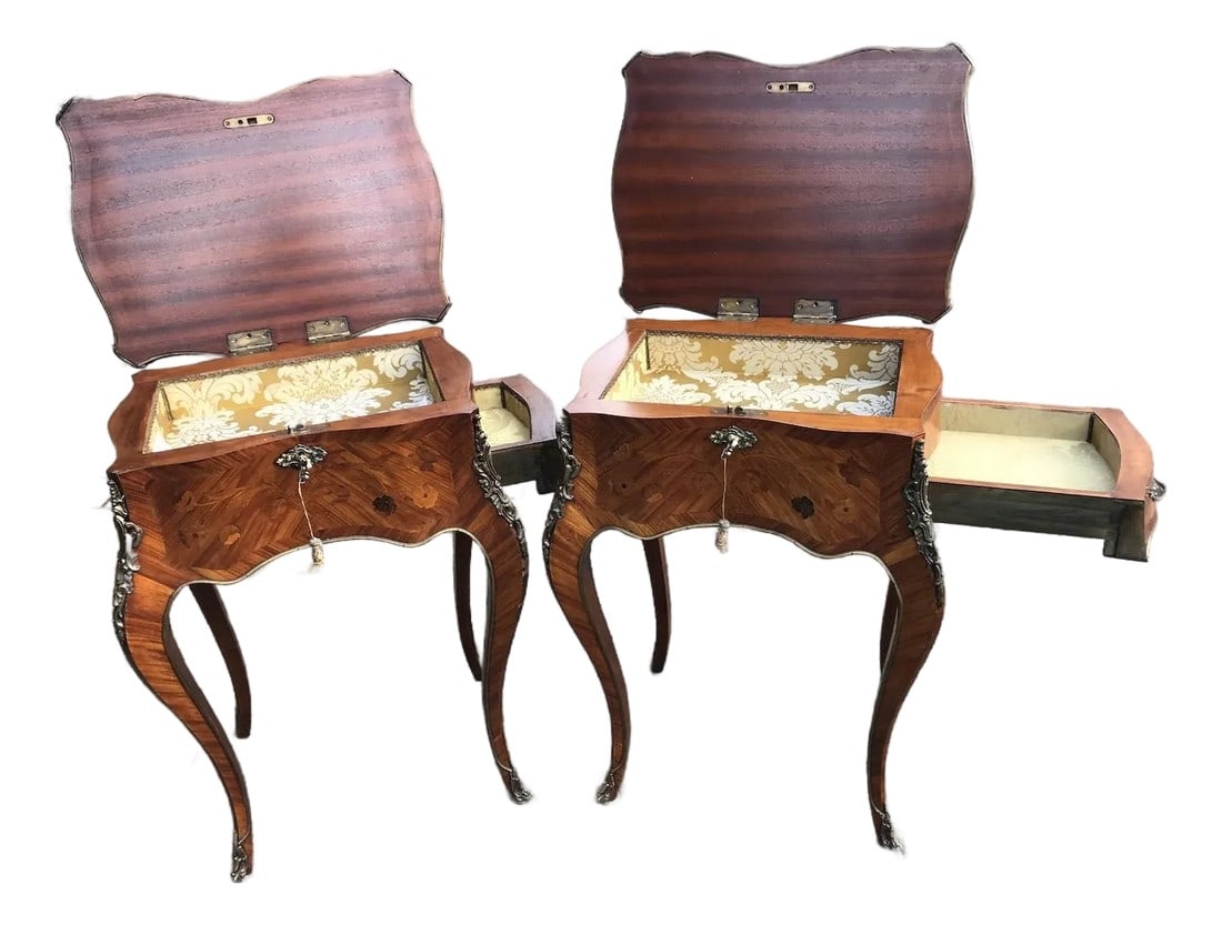 1850s French Louis XV Fruitwood Marquetry Side Tables Pair: Circa 1850s French Louis XV–Style Marquetry Side Tables – Fruitwood (2 Pieces) Timeless elegance and rare originality define this exceptional pair of mid-19th-century French Louis