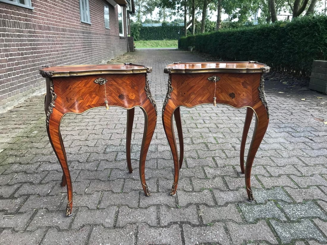 1850s French Louis XV Fruitwood Marquetry Side Tables Pair - 2