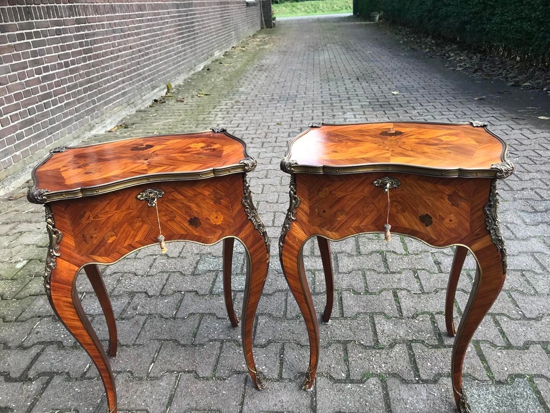1850s French Louis XV Fruitwood Marquetry Side Tables Pair - 3