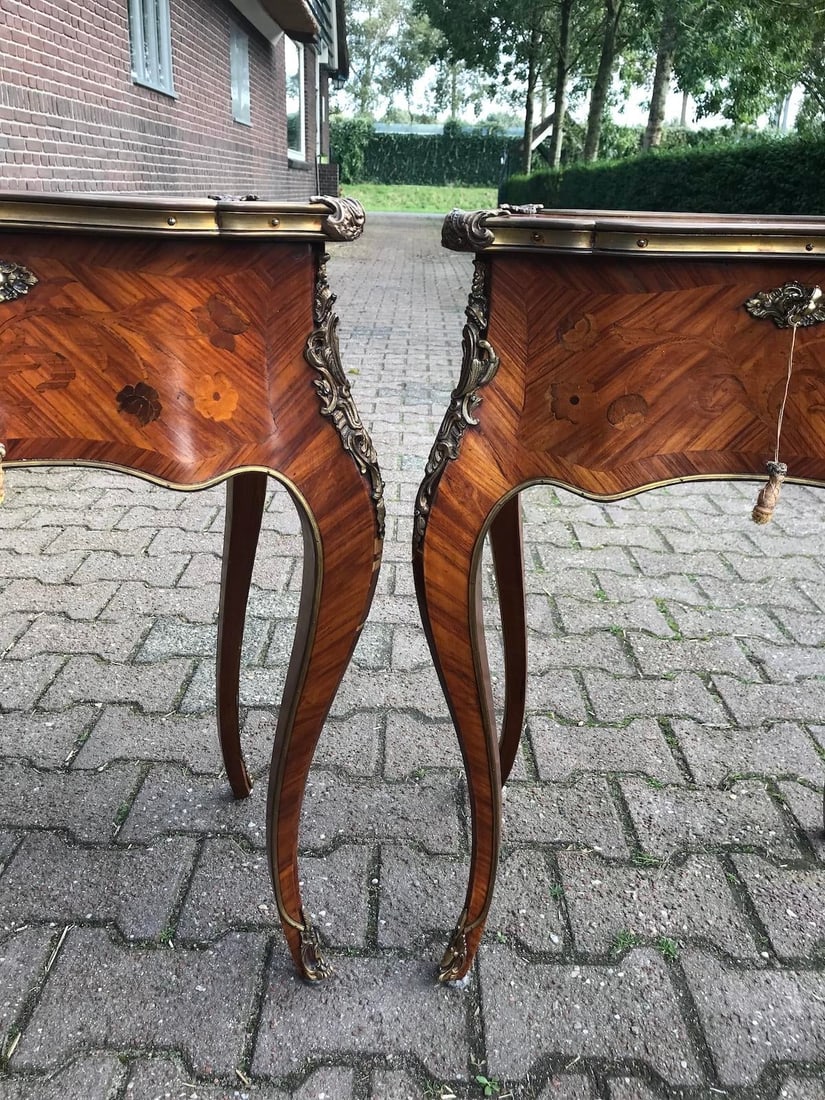 1850s French Louis XV Fruitwood Marquetry Side Tables Pair - 9