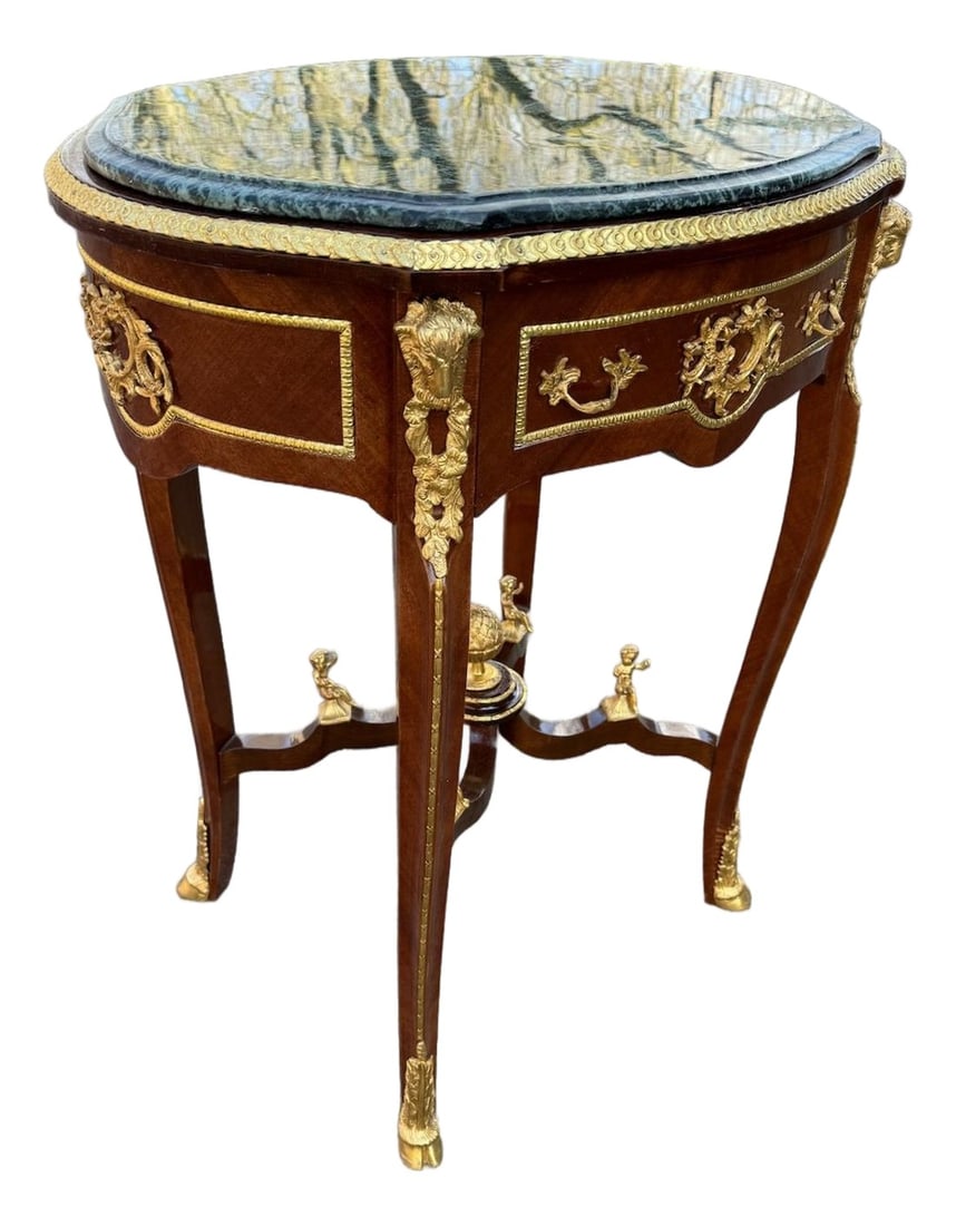 1960s French Louis XVI Mahogany Green Marble Side Center Table: 1960s French Louis XVI–Style Center Table – Mahogany & Green Marble This refined 1960s French Louis XVI–style oval table is an exceptional example of mid-20th-century French