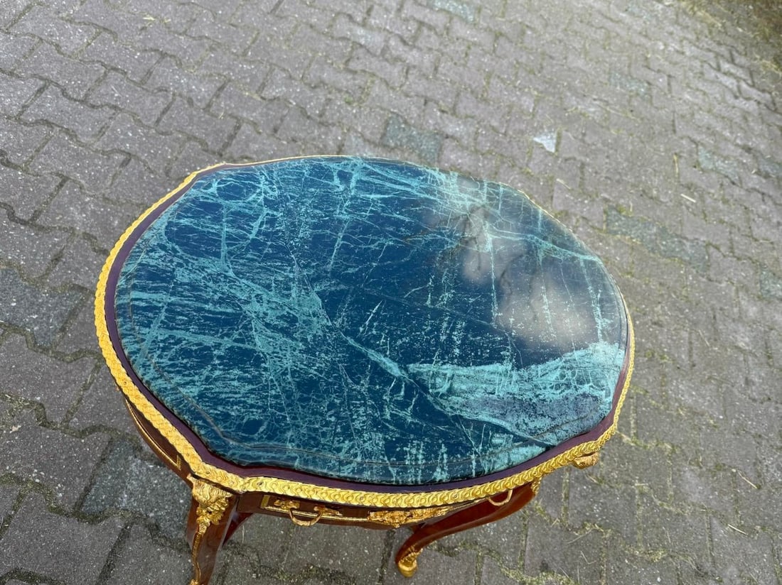 1960s French Louis XVI Mahogany Green Marble Side Center Table - 2