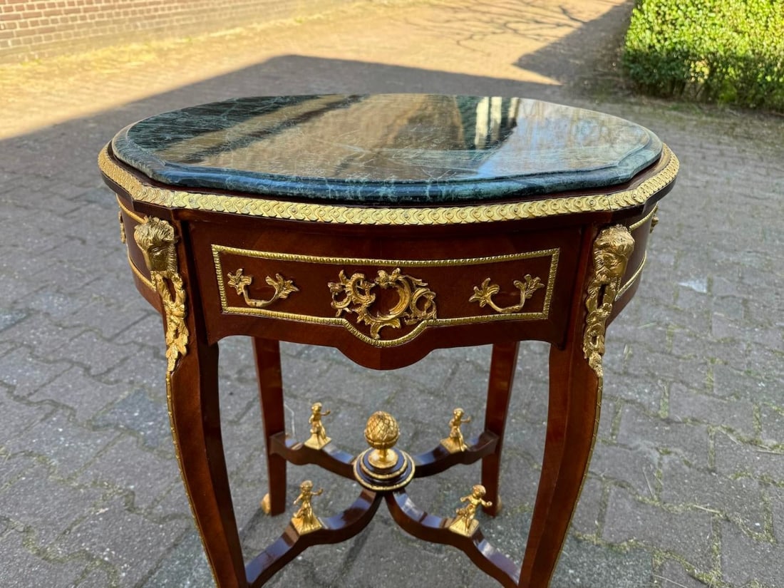 1960s French Louis XVI Mahogany Green Marble Side Center Table - 6