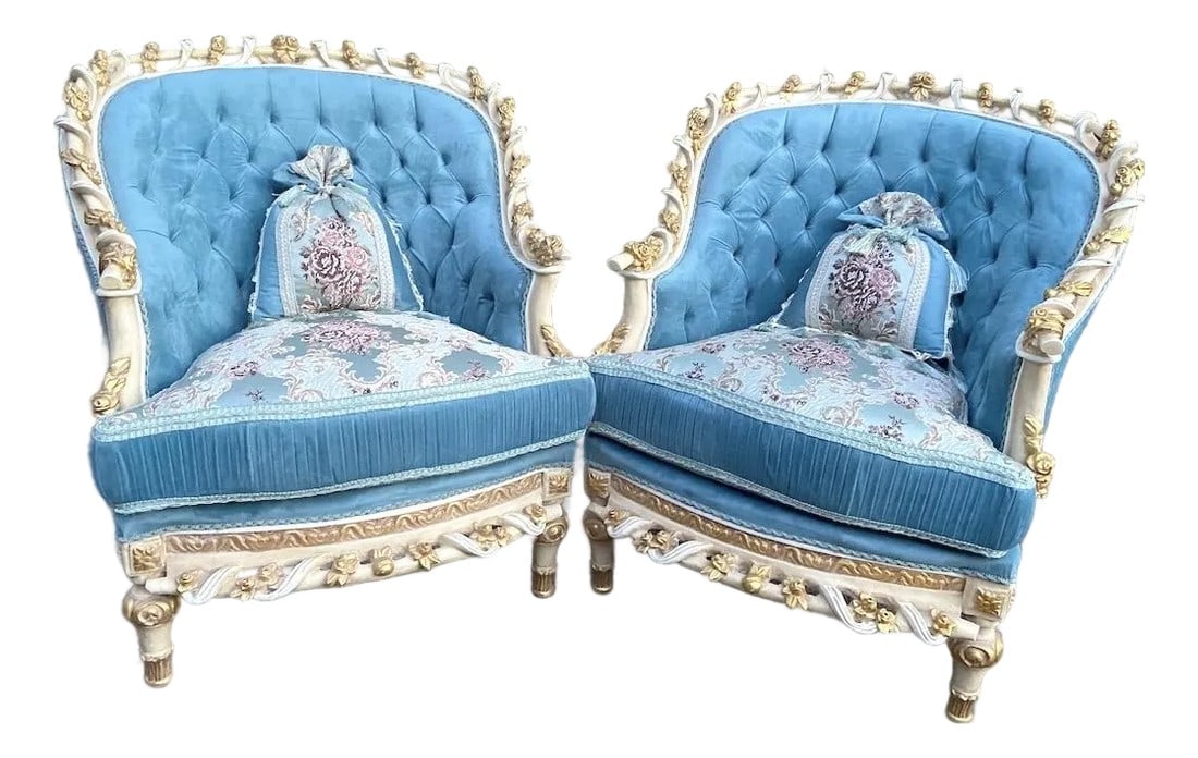 1970s French Louis XVI Turquoise Velvet Bergères Pair: 1970s French Louis XVI–Style Bergère Chairs – Turquoise Velvet (Pair) This exceptional pair of French Louis XVI–style Bergère chairs, dating to the 1970s, offers a refined