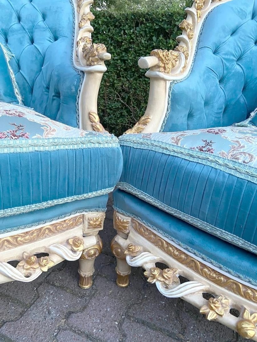 1970s French Louis XVI Turquoise Velvet Bergères Pair - 4