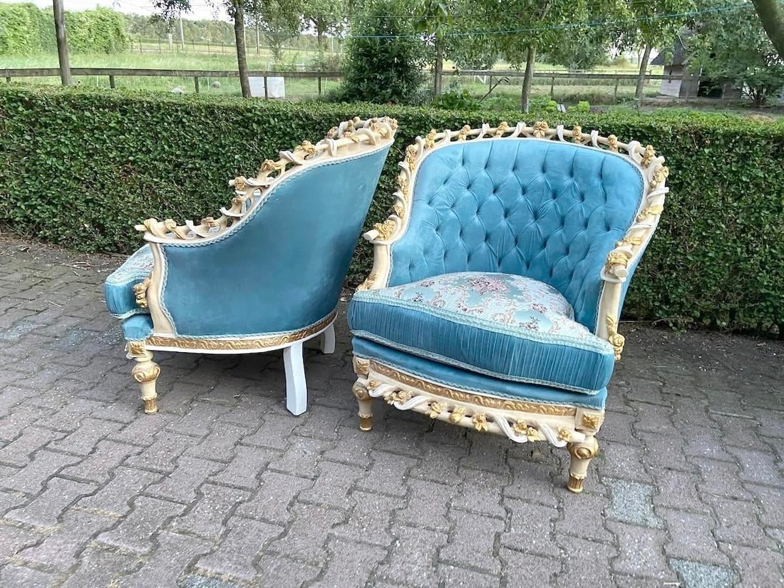 1970s French Louis XVI Turquoise Velvet Bergères Pair - 5