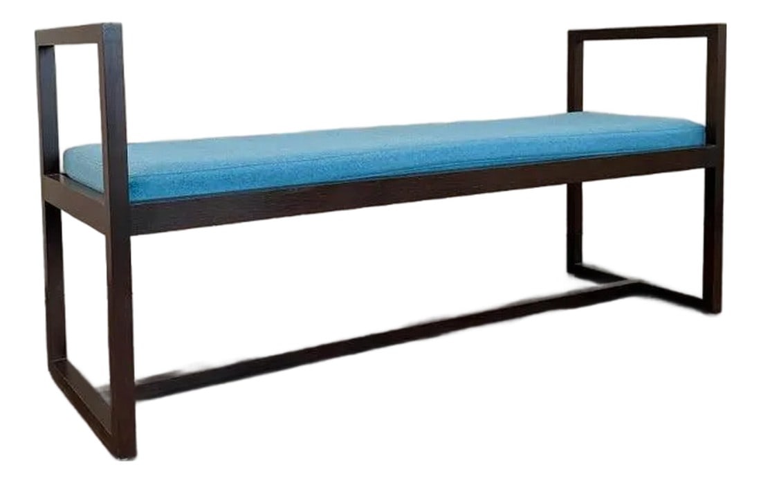 1950s Mid Century Modern Geometric Lacquered Mahogany Bench: This Mid-century modern bench features a clean, geometric, lacquered mahogany frame with high handled sides that nicely frame an area and are perfect for pillows. The reupholstered bright blue wool