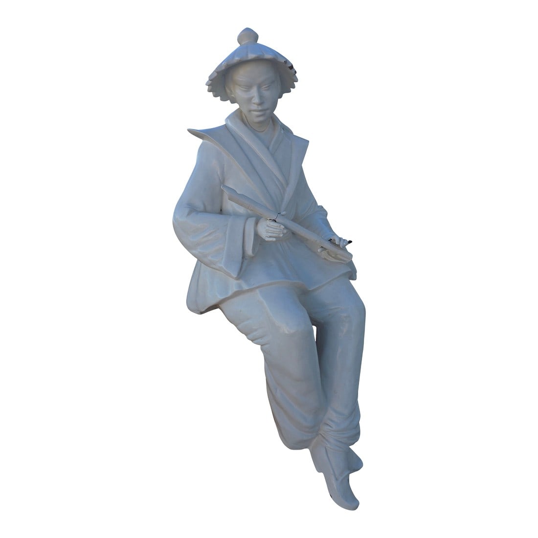 Chinoiserie Figure: Vintage cast resin indoor or outdoor statue. There are losses to the thick white finish and the flute has been repaired. This is in a sitting position so it needs the appropriate place to sit. 