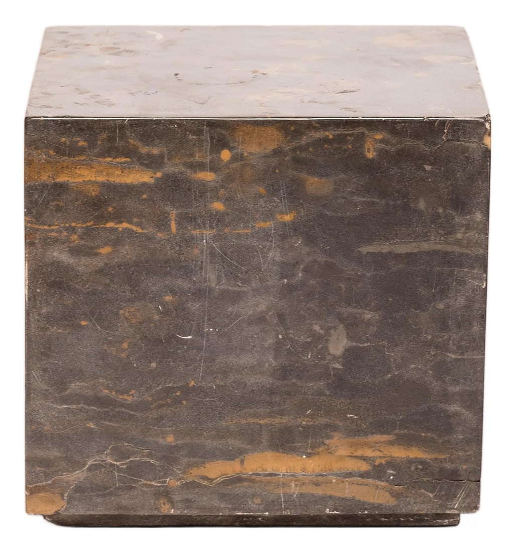 Chinese Small Marble Doon Table: This "floating" doon table, carefully hand-carved into a perfect block, has a graceful reveal at its base, giving it a modern lightness. The bronze color of the stone is swirled with rich, gold
