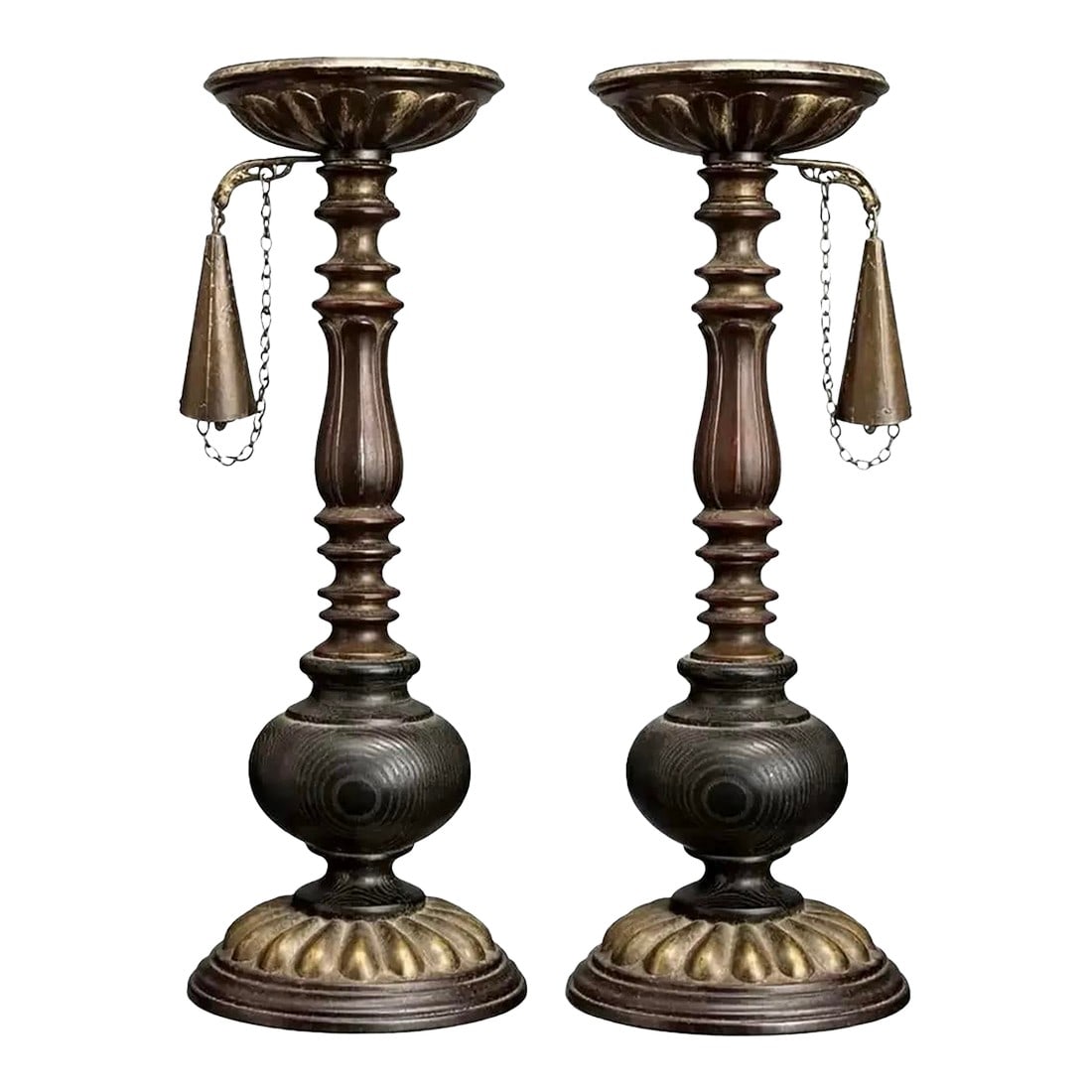Early 19th Century Fireplace Pricket Candlesticks With Original Chain Snuffers, Pair: Early 19th century fireplace pricket candlesticks retaining their original chain-attached snuffers. Rich patina and strong architectural form. Sold as a pair. Condition: Alterations: Original