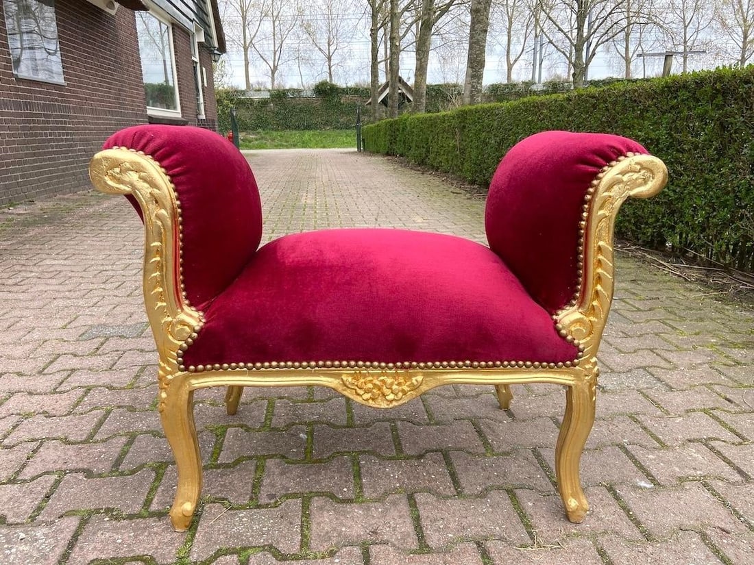 1970s French Louis XVI Red Velvet Beech Bench – 1 Piece - 3