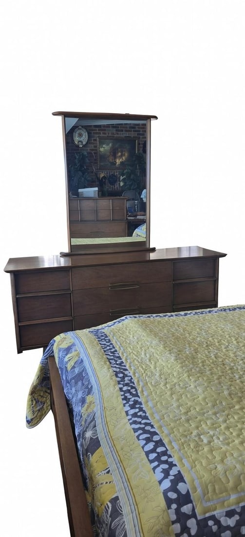 Kent Coffey "Eloquence" 1960s Walnut Bedroom Suite "” Queen Bed, Highboy, Dresser + Mirror - 2