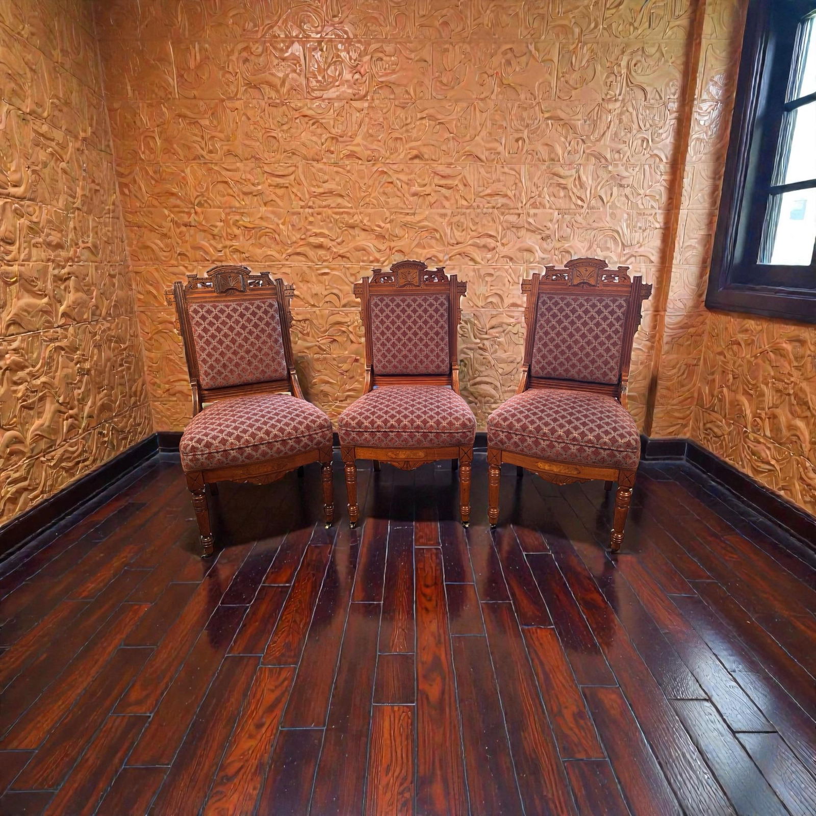 Set of Three 19th Century Eastlake Aesthetic Movement Walnut Parlor Chairs, Newly Upholstered - 11