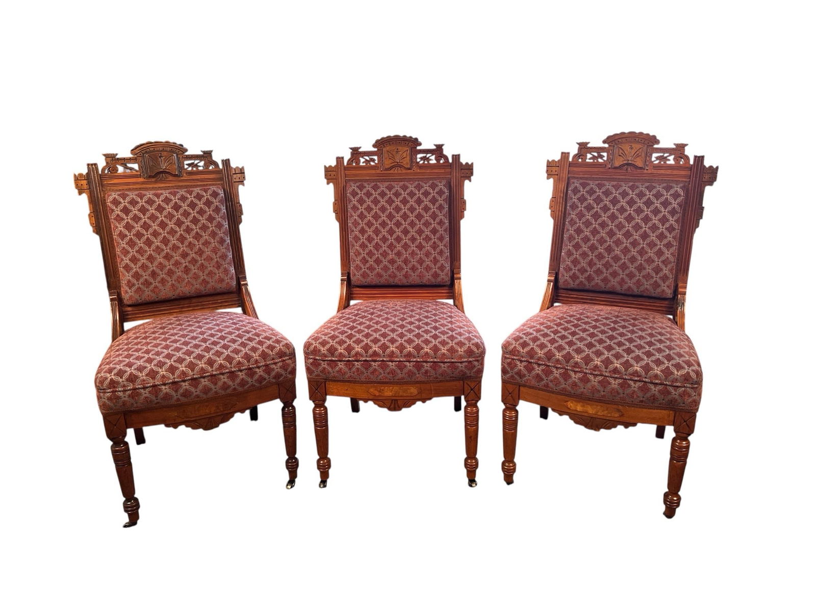 Set of Three 19th Century Eastlake Aesthetic Movement Walnut Parlor Chairs, Newly Upholstered - 2