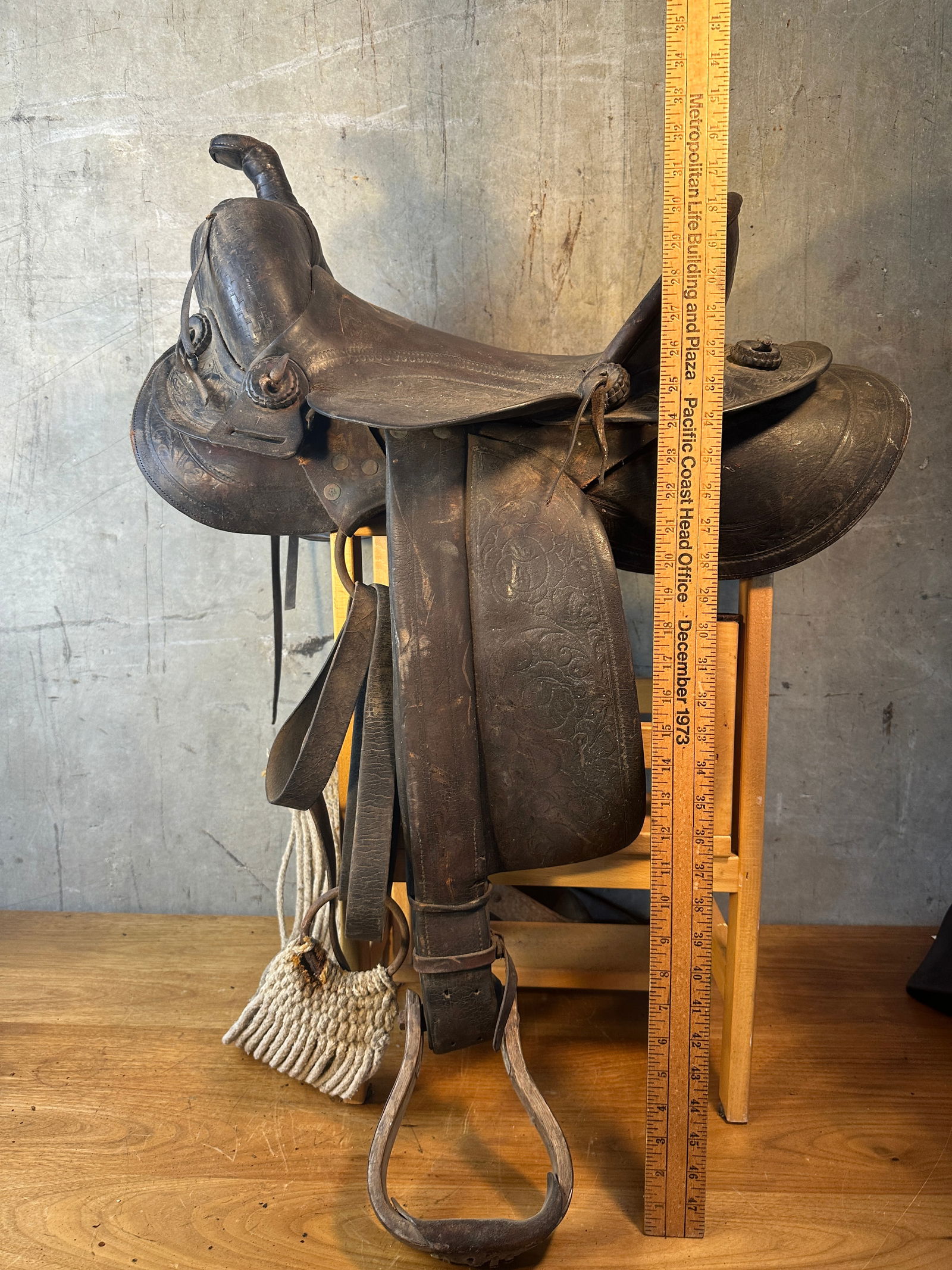 Vintage Western Horse Saddle Leather Tooled Floral Design 14" Seat "Blain" Marked - 11