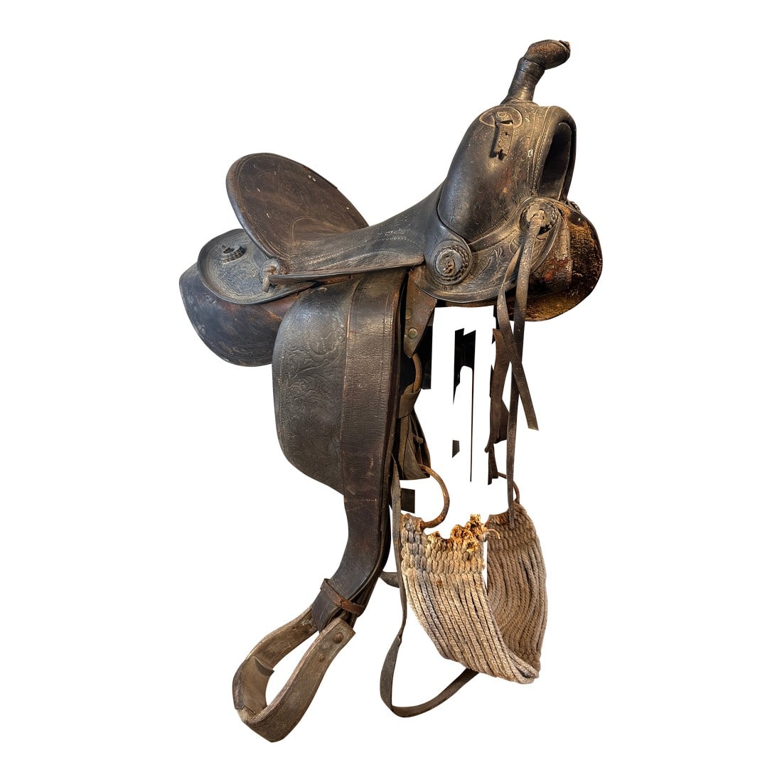 Vintage Western Horse Saddle Leather Tooled Floral Design 14" Seat "Blain" Marked: This is a vintage Western saddle featuring classic floral tooling on the leather. It has a well-worn, rustic patina that suggests significant age and use. The name "BLAIN" is hand-carved or stamped