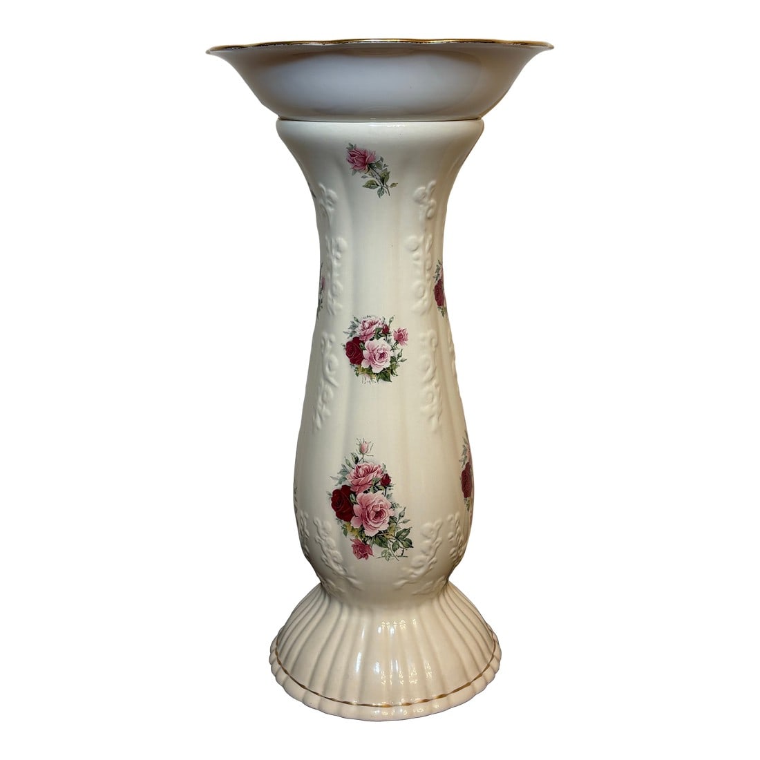 1960s White Porcelain Vintage Rose Motif Birdbath, 2 Pieces: This whimsical white porcelain birdbath with rose motif on it is quite lovely standing at 19 inches tall and is 9 and a half inches across. The bowl itself stands approximately 3 inches high. It was