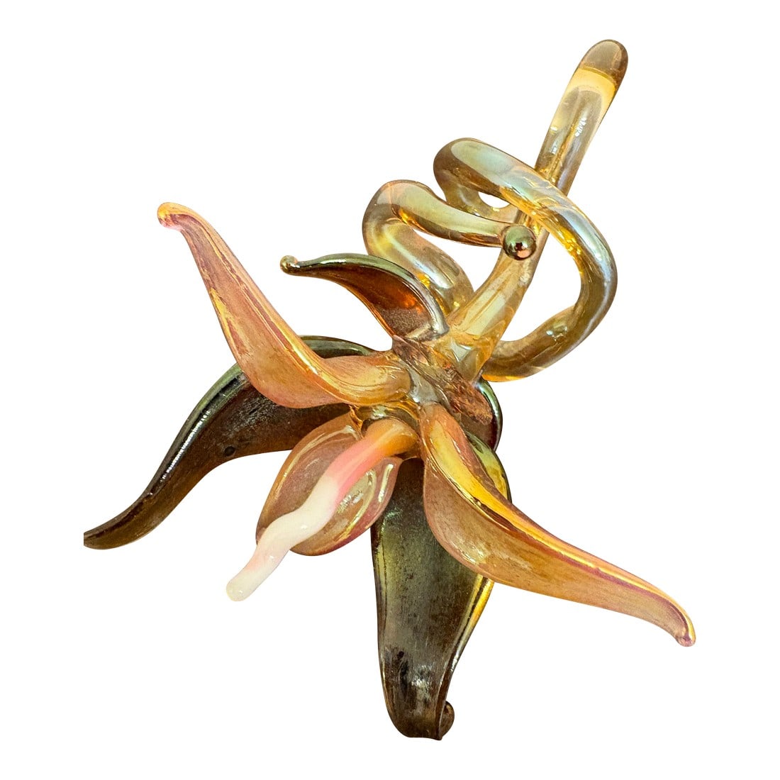 1930s Murano Hand Blown Fall Flower Sculpture: This hand blown glass sculpture, very much in the Murano style tradition, likely Sugguso, mid-late 20th century, around the mid 1960's. It is 3 inches high by 4 inches wide and is 6 inches long. Warm