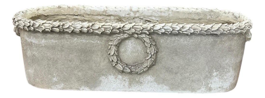 Vintage Rectangular Faux Concrete French Style Acanthus Leaf Planter: Vintage resin form French style faux concrete acanthus leaf plater. The rim of acanthus as well as the wreath on each side make this an eye catching piece. Size matters, plenty of room for your choice