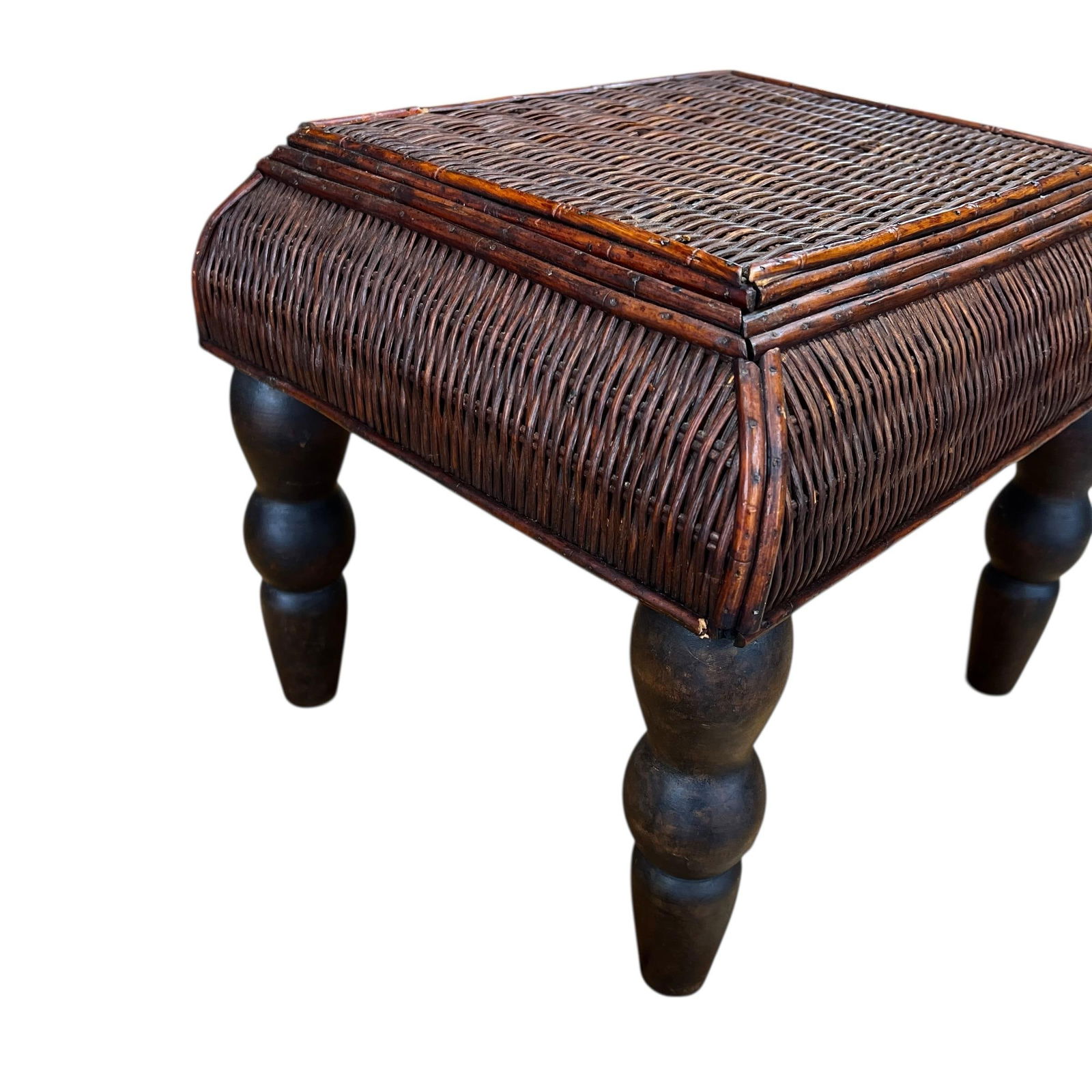 Vintage Bamboo and Woven Rattan British Colonial Style Footstool - 2