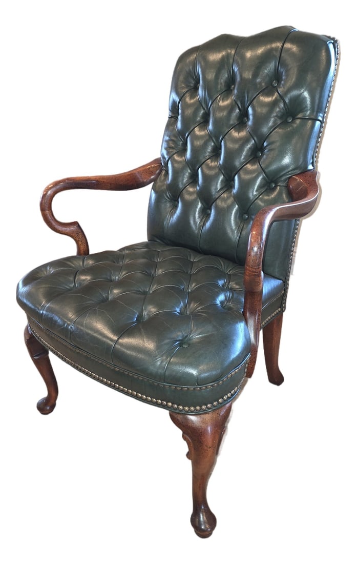 Vintage Fully Tufted Green Leather Gooseneck Chair (1 of 9)