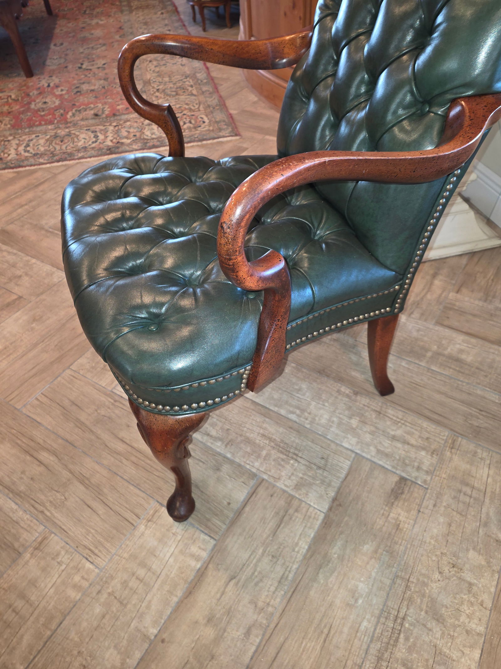 Vintage Fully Tufted Green Leather Gooseneck Chair - 2