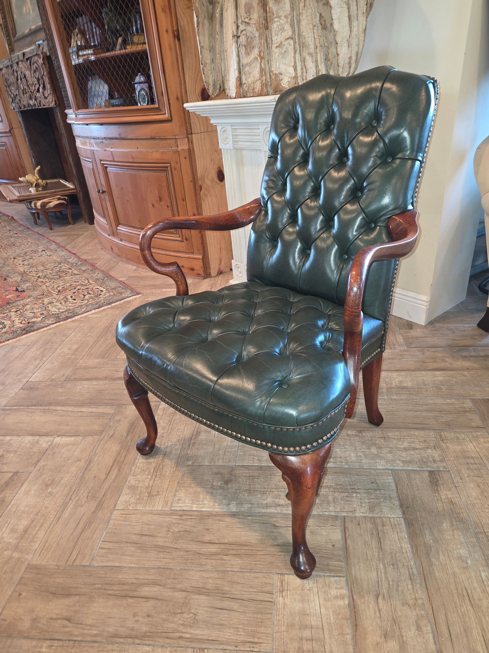 Vintage Fully Tufted Green Leather Gooseneck Chair - 4