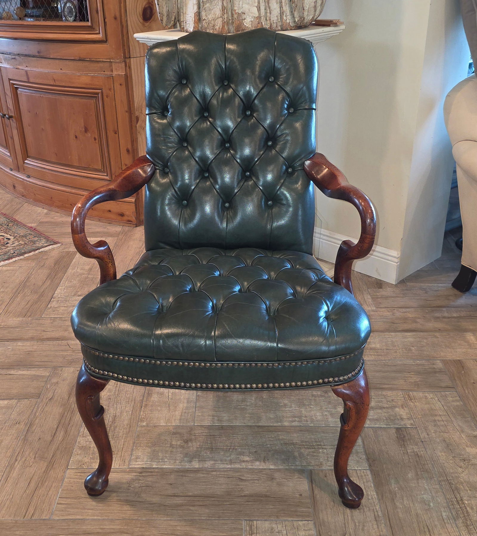 Vintage Fully Tufted Green Leather Gooseneck Chair - 8