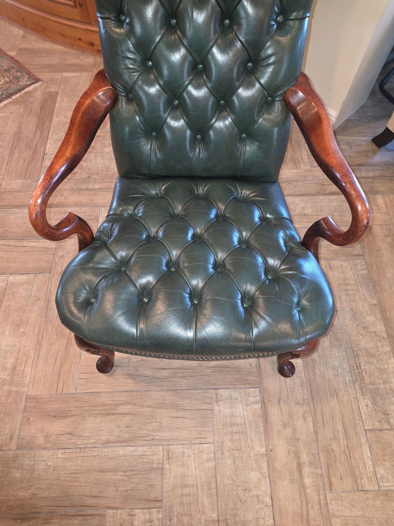 Vintage Fully Tufted Green Leather Gooseneck Chair - 9