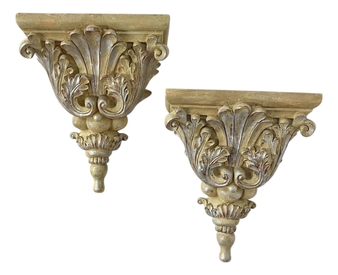 Vintage Acanthus Leaf Wall Bracket Display Shelf - A Pair: Offered as a pair vintage acanthus baroque style wall bracket display shelves. Beige back ground with red under glaze peeking through in some area, gilt silver highlights. Measure 9" w x 5" d x 12"