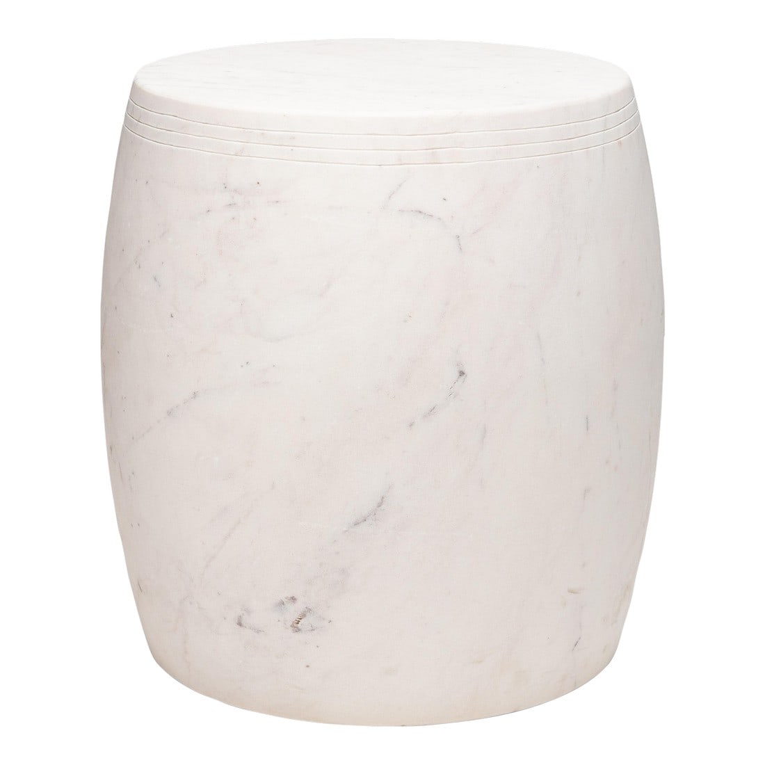 White Marble Drum Table: A wide Chinese stone drum carved of solid Dali marble, a refined white marble sourced from historic quarries in Yunnan province. Additional Dimensions: Diameter of Seat: 15" Condition: Imperfections: