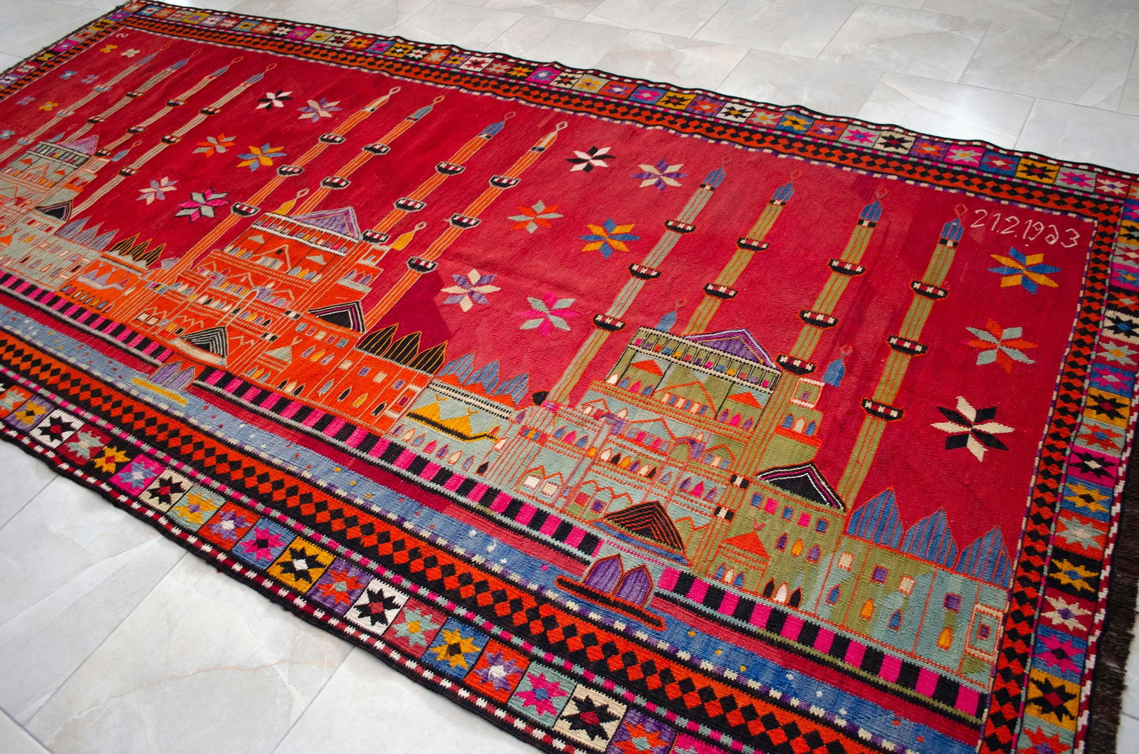 Masterpiece 1963 Dated Turkish Kilim, Extra Large Pictorial Wall Tapestry, Vintage Wall Decor With M - 5