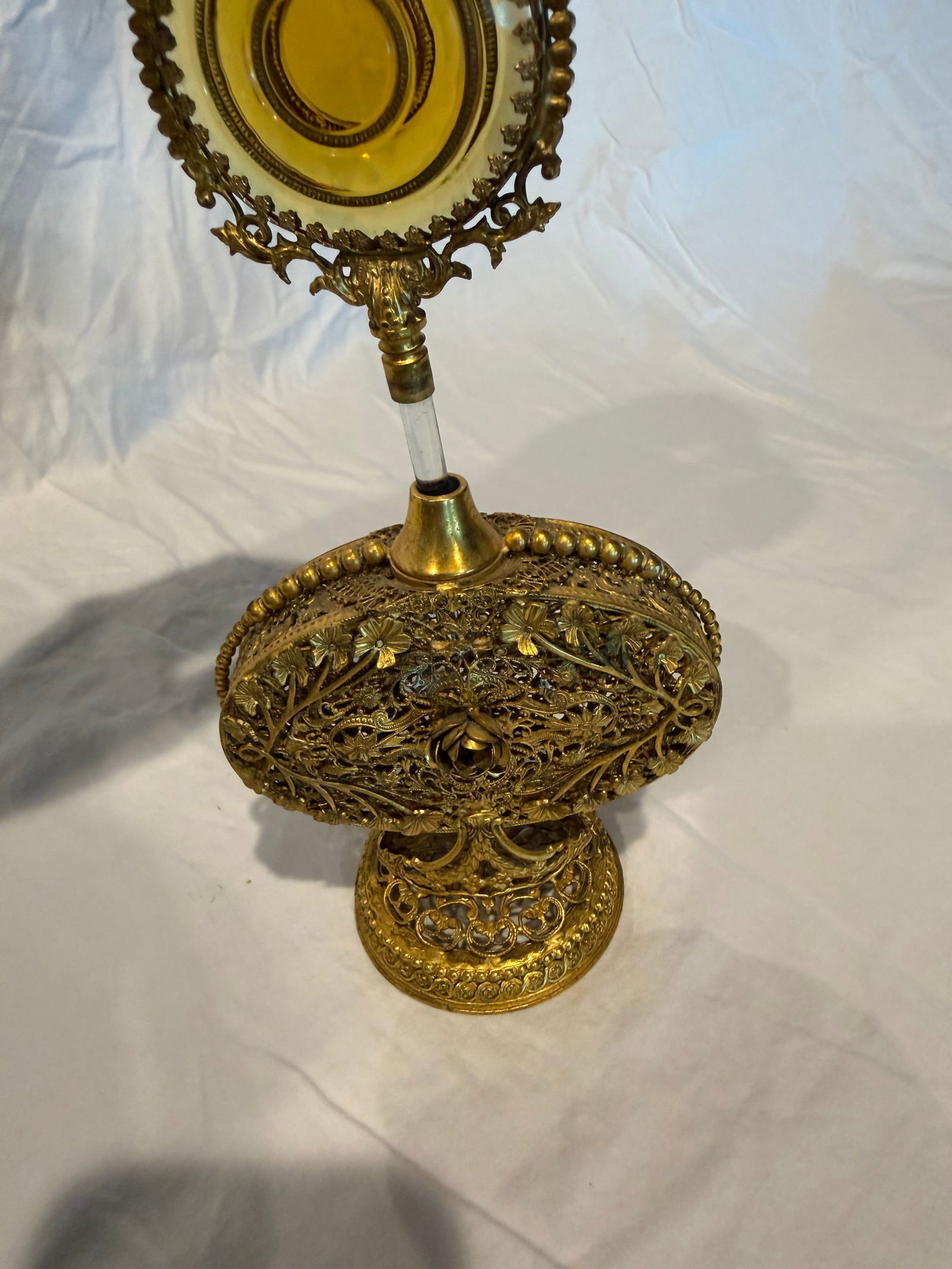 Pair of Antique Victorian Ormolu Perfume Bottles With Amber Glass and Original Daubers - 3