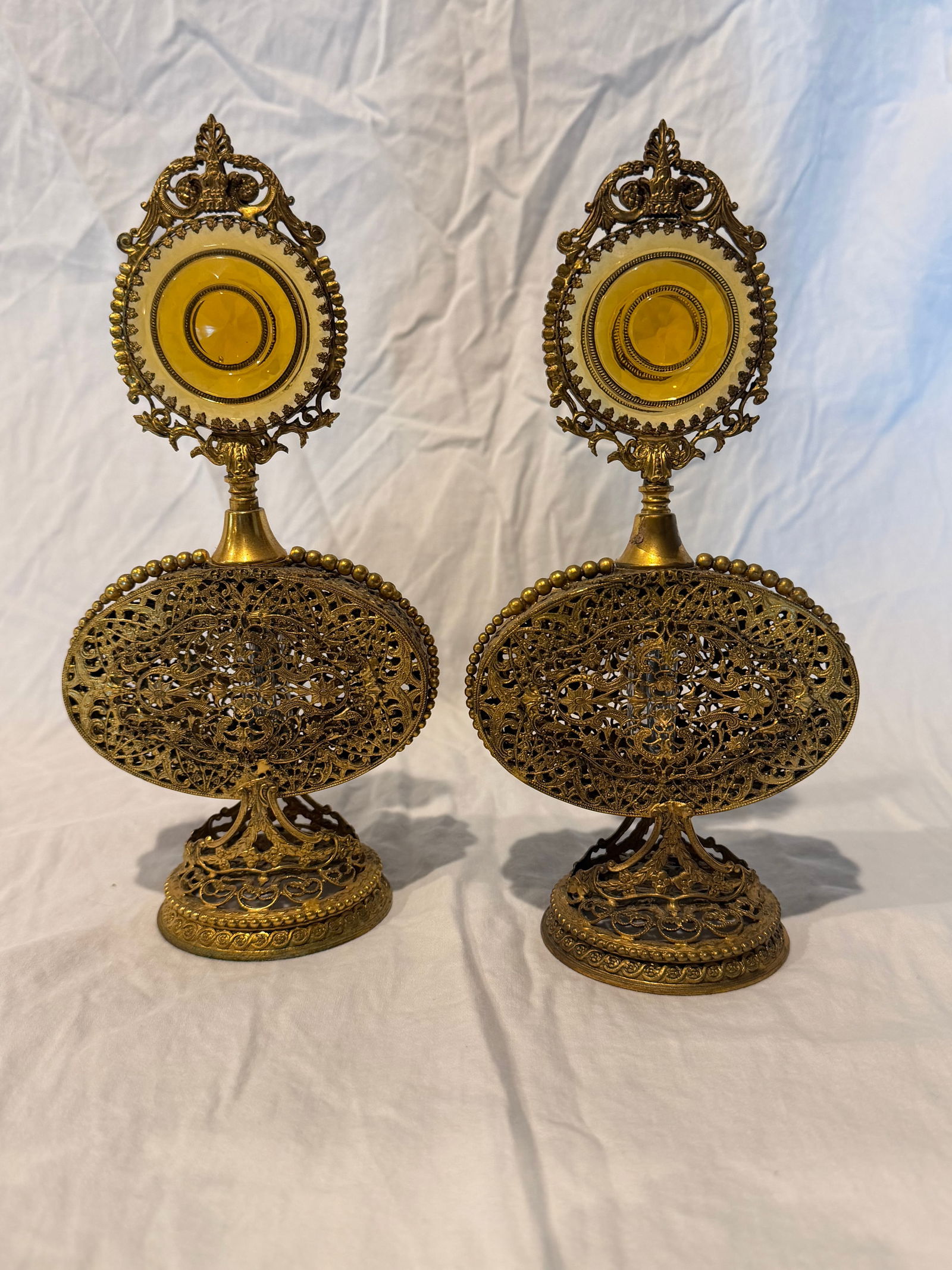 Pair of Antique Victorian Ormolu Perfume Bottles With Amber Glass and Original Daubers - 5