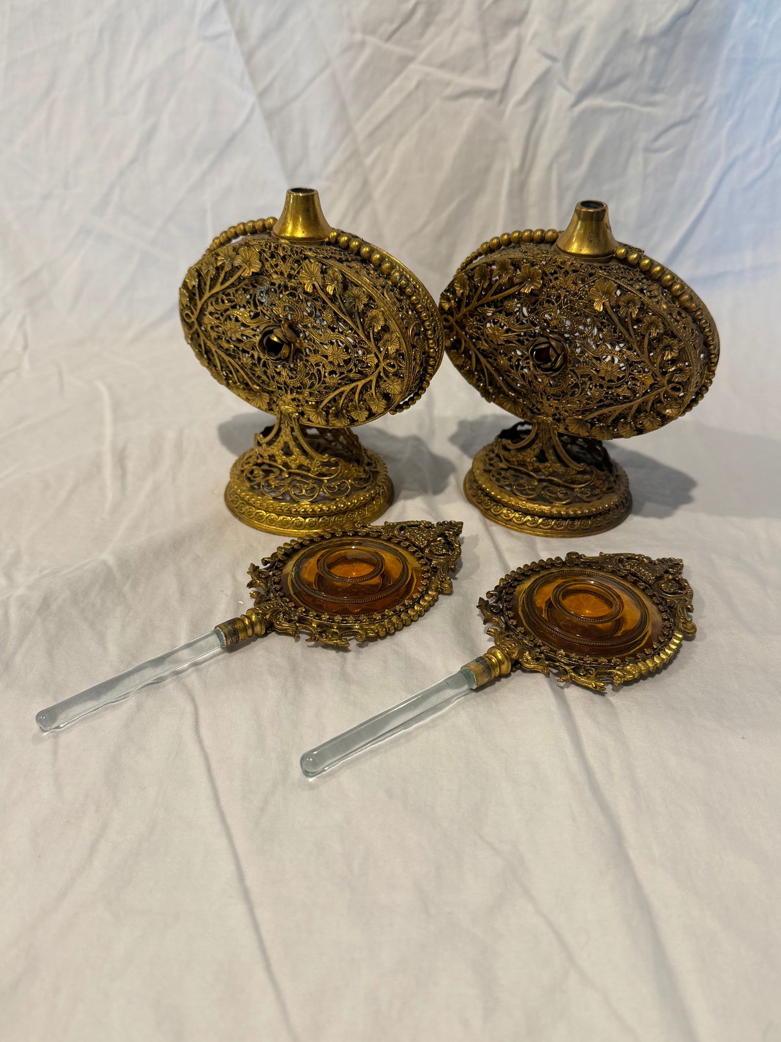 Pair of Antique Victorian Ormolu Perfume Bottles With Amber Glass and Original Daubers - 6