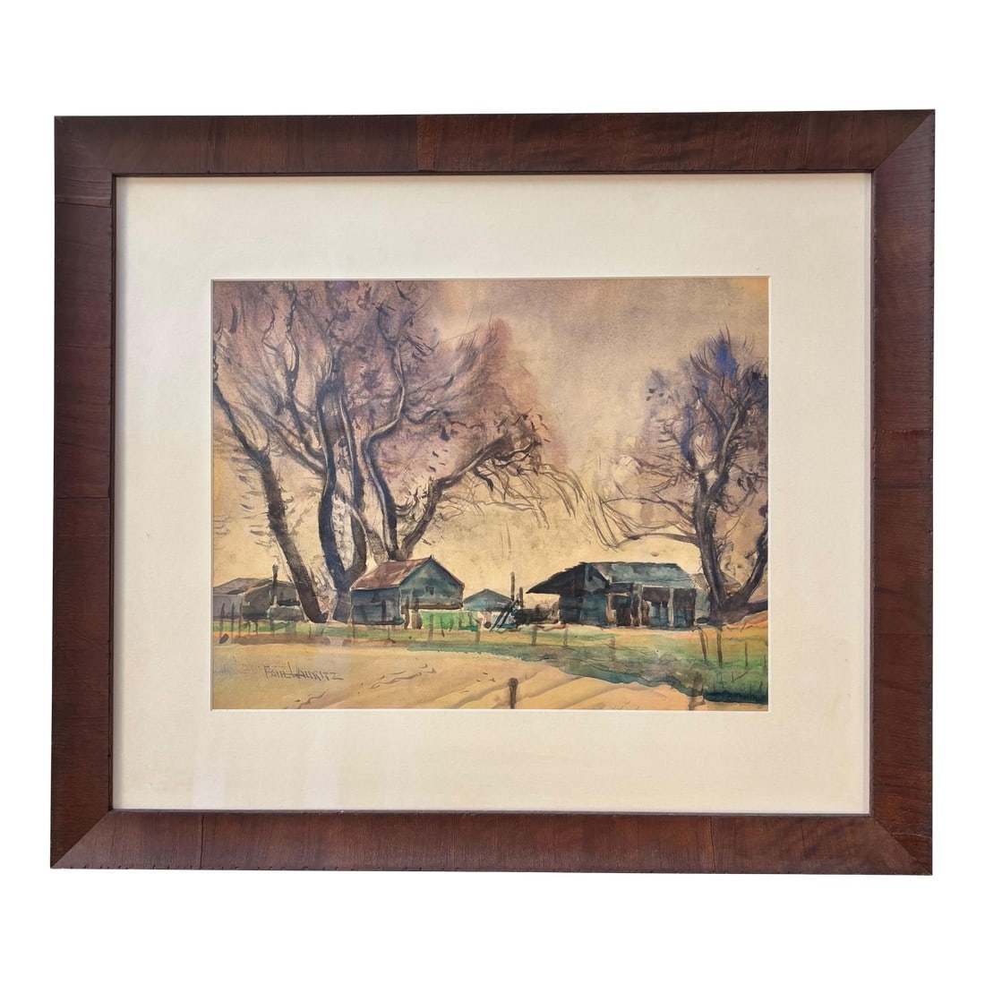 Paul Lauritz Original Watercolor - Rural Landscape With Bare Trees, Early-Mid 20th Century: Original watercolor by noted California artist Paul Lauritz (1889-1975), depicting a rustic rural scene with dramatic bare trees framing simple farm buildings. Showcasing Lauritz's sensitivity to