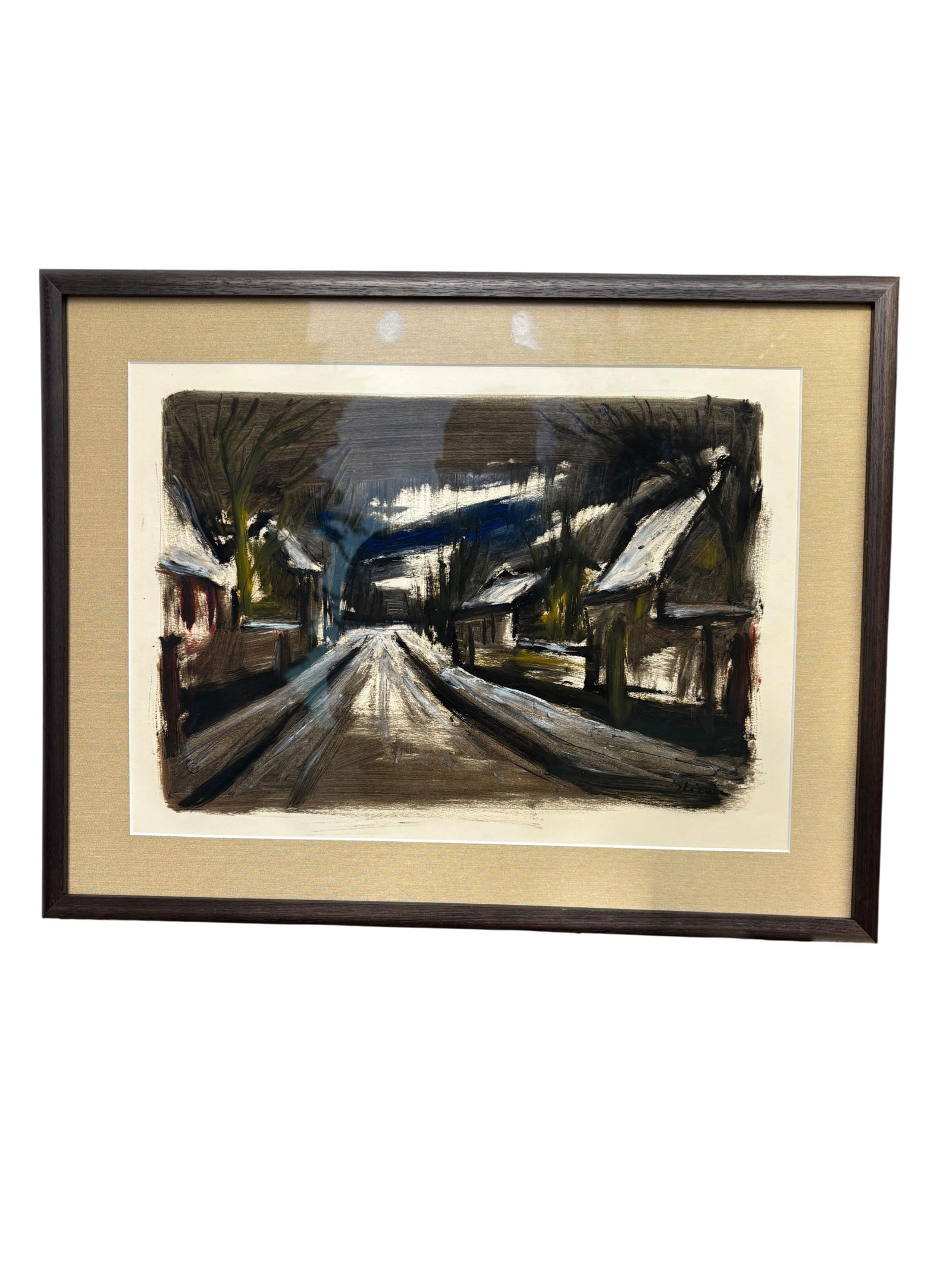 Mid-Century Modern American Street Scene Oil Painting, Newly Framed in Museum Glass & Walnut Frame, - 10