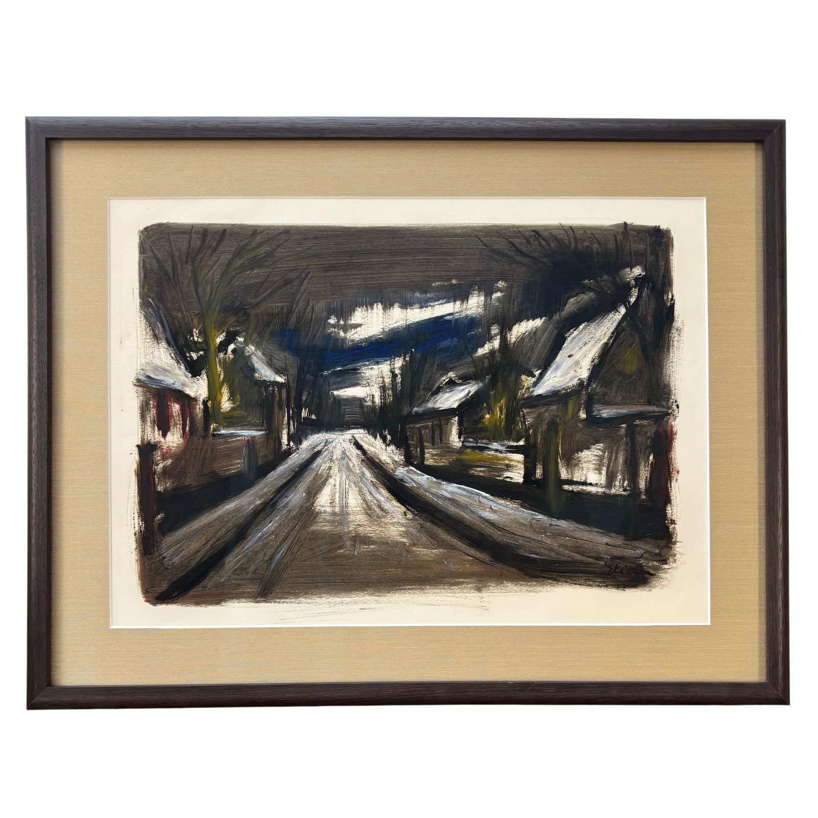 Mid-Century Modern American Street Scene Oil Painting, Newly Framed in Museum Glass & Walnut Frame, - 12