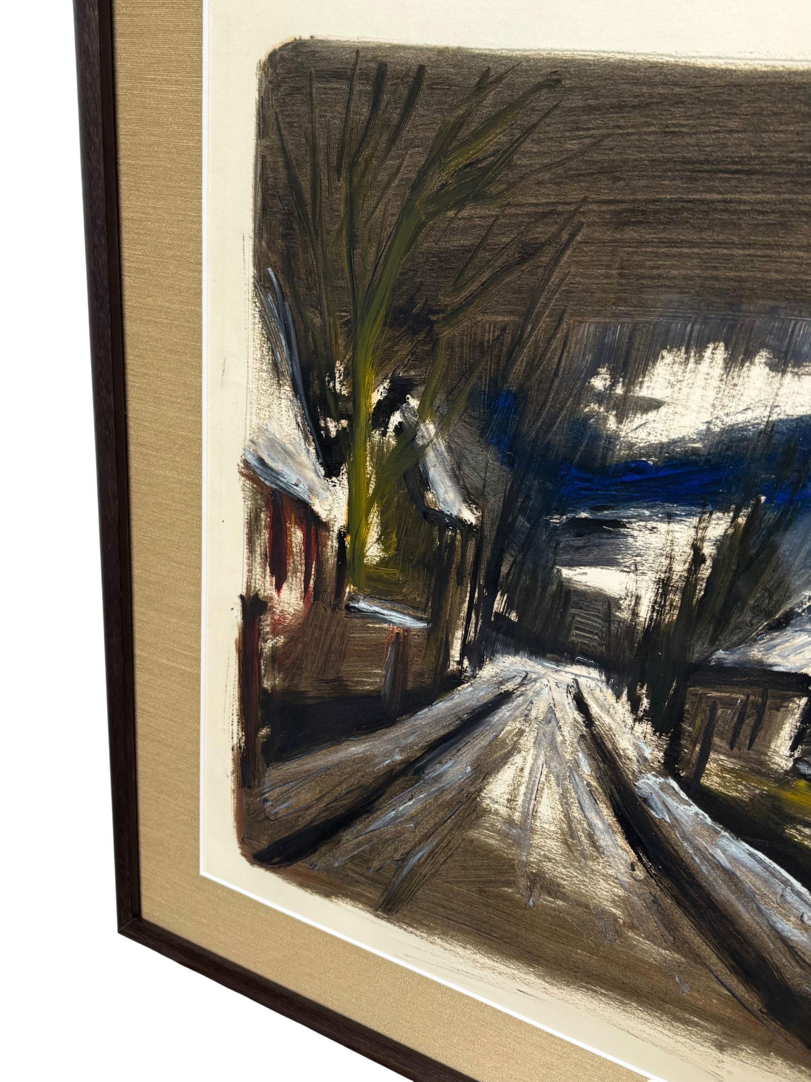 Mid-Century Modern American Street Scene Oil Painting, Newly Framed in Museum Glass & Walnut Frame, - 14