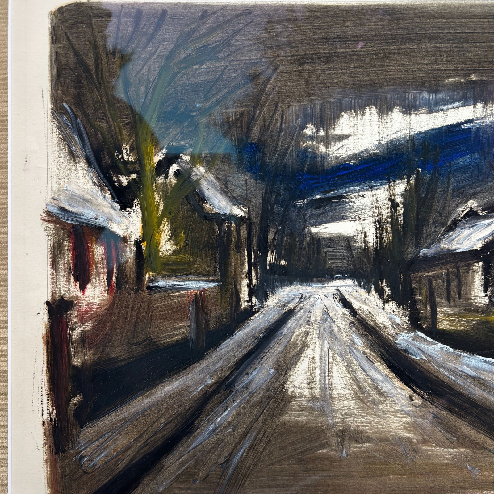 Mid-Century Modern American Street Scene Oil Painting, Newly Framed in Museum Glass & Walnut Frame, - 7