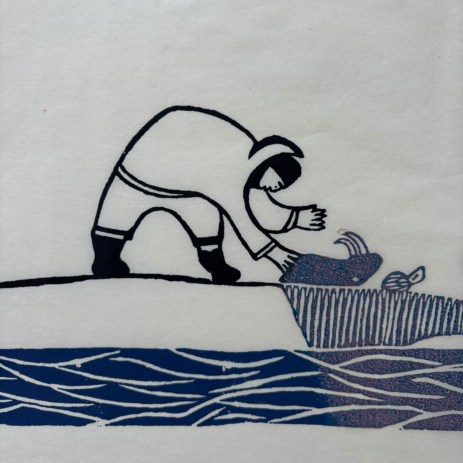Pitseolak Ashoona "Butchering Walrus on the Floe" 1967 Cape Dorset Inuit Stone Engraving - Limited E - 6